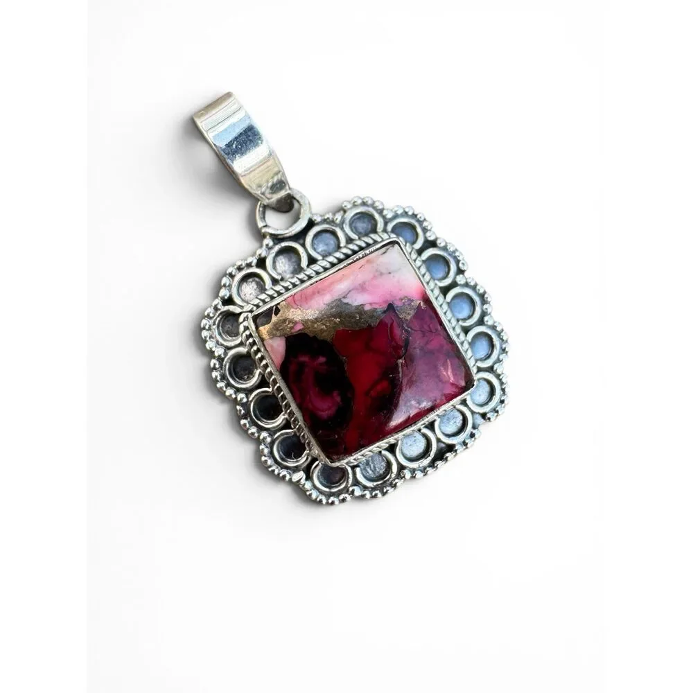 Kingman Red Rose Dahlia Solid 925 Sterling Silver Pendant